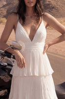 Load image into Gallery viewer, Ivory Pleated A Line Spaghetti Straps Maxi Beach Bridal Dress with Ruffles