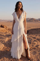 Load image into Gallery viewer, Ivory V-Neck A Line Maxi Beach Bridal Dress with Ruffles