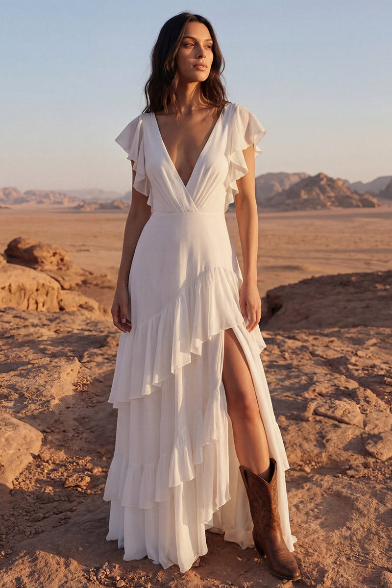 Load image into Gallery viewer, Ivory V-Neck A Line Maxi Beach Bridal Dress with Ruffles
