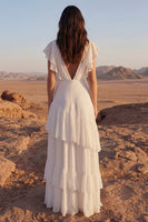 Load image into Gallery viewer, Ivory V-Neck A Line Maxi Beach Bridal Dress with Ruffles