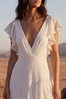 Load image into Gallery viewer, Ivory V-Neck A Line Maxi Beach Bridal Dress with Ruffles