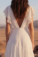 Load image into Gallery viewer, Ivory V-Neck A Line Maxi Beach Bridal Dress with Ruffles