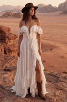 Load image into Gallery viewer, Ivory Off the Shoulder A Line Beach Maxi Bridal Dress with Ruffles