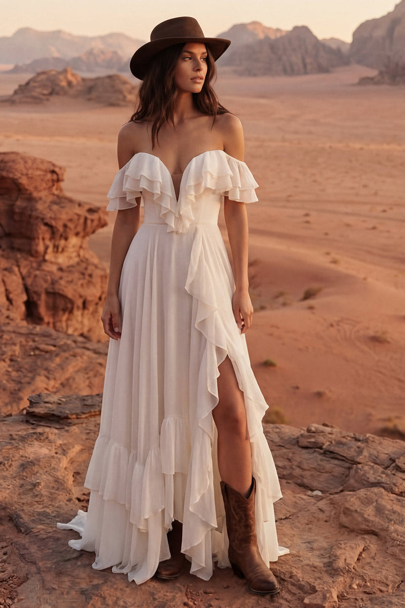 Load image into Gallery viewer, Ivory Off the Shoulder A Line Beach Maxi Bridal Dress with Ruffles