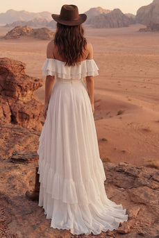 Ivory Off the Shoulder A Line Beach Maxi Bridal Dress with Ruffles