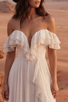 Load image into Gallery viewer, Ivory Off the Shoulder A Line Beach Maxi Bridal Dress with Ruffles