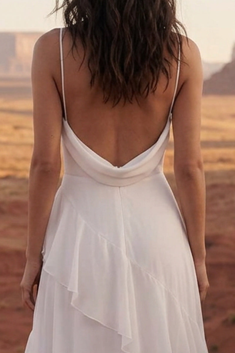 Load image into Gallery viewer, Ivory Spaghetti Straps A Line Maxi Beach Bridal Dress with Ruffles