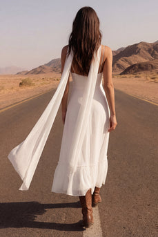 Ivory Spaghetti Straps A Line Maxi Beach Bridal Dress with Slit