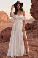 Load image into Gallery viewer, Simple Ivory A Line Beach Maxi Bridal Dress with Slit
