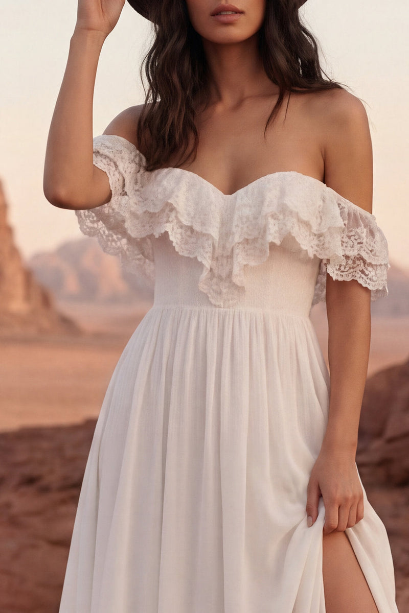 Load image into Gallery viewer, Simple Ivory A Line Beach Maxi Bridal Dress with Slit