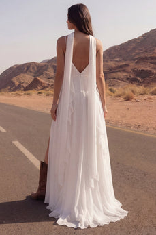 Ivory A Line Spaghetti Straps Maxi Beach Bridal Dress with Ruffles