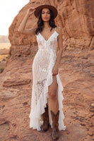 Load image into Gallery viewer, Floral Ivory Sheath Boho Maxi Bridal Dress with Ruffles