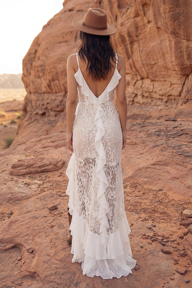 Load image into Gallery viewer, Floral Ivory Sheath Boho Maxi Bridal Dress with Ruffles