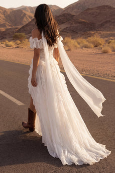 Floral Ivory A Line Beach Maxi Bridal Dress with Ruffles
