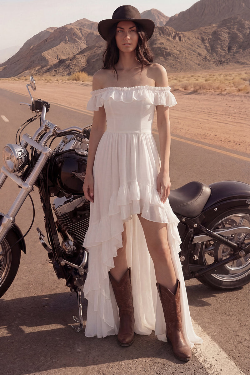 Load image into Gallery viewer, Ivory A Line High-Low Beach Bridal Dress with Ruffles