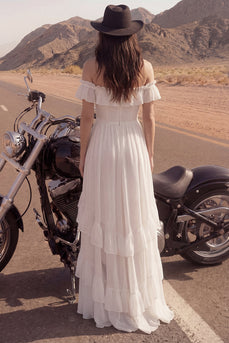 Ivory A Line High-Low Beach Bridal Dress with Ruffles