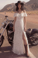 Load image into Gallery viewer, Floral Ivory Sheath Long Boho Bridal Dress with Slit