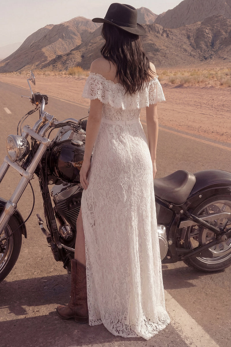 Load image into Gallery viewer, Floral Ivory Sheath Long Boho Bridal Dress with Slit