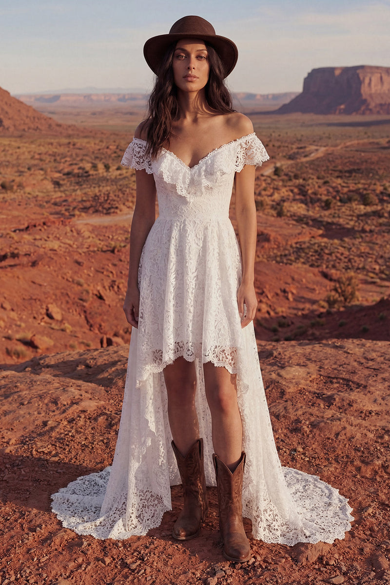 Load image into Gallery viewer, Ivory Floral A Line High Low Boho Bridal Dress