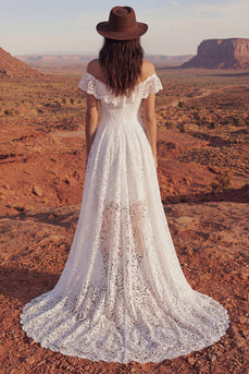 Ivory Floral A Line High Low Boho Bridal Dress