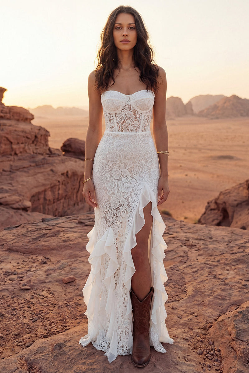 Load image into Gallery viewer, Queendancer Women Floral Ivory Lace Long Boho Bridal Dress Sheath Ruffled Strapless Western Wedding Dress with Slit