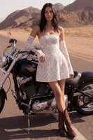 Load image into Gallery viewer, Floral Ivory Lace A Line Strapless Boho Short Graduation Dress