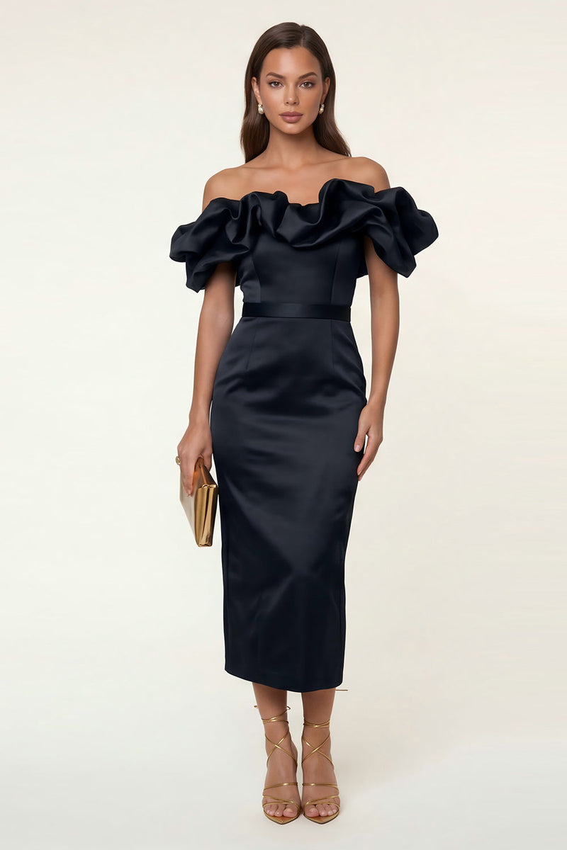 Load image into Gallery viewer, Black Bodycon Off the Shoulder Maxi Formal Dress with Ruffles