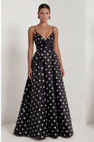 Load image into Gallery viewer, Black and White Polka Dots Ruched A Line Long Formal Dress