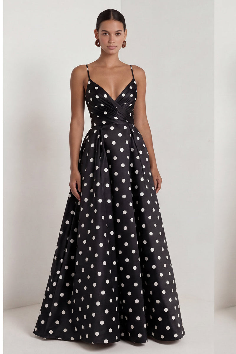 Load image into Gallery viewer, Black and White Polka Dots Ruched A Line Long Formal Dress