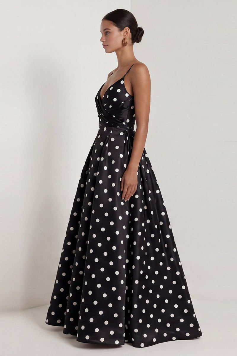 Load image into Gallery viewer, Black and White Polka Dots Ruched A Line Long Formal Dress