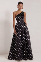 Load image into Gallery viewer, Black and White One Shoulder Polka Dots Long A Line Formal Dress