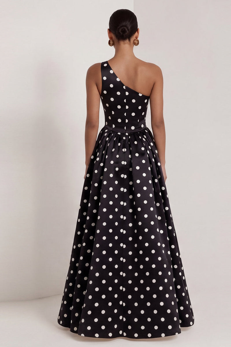 Load image into Gallery viewer, Black and White One Shoulder Polka Dots Long A Line Formal Dress