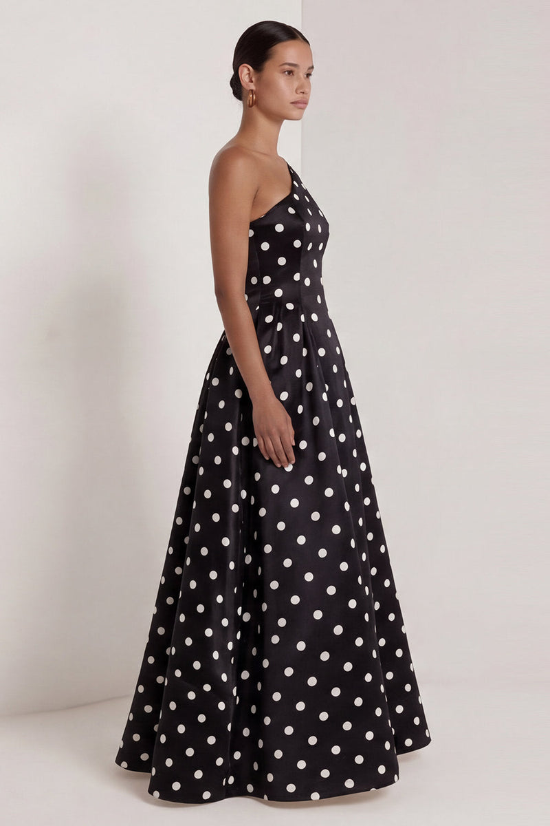 Load image into Gallery viewer, Black and White One Shoulder Polka Dots Long A Line Formal Dress
