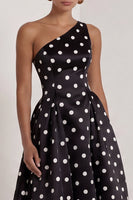 Load image into Gallery viewer, Black and White One Shoulder Polka Dots Long A Line Formal Dress