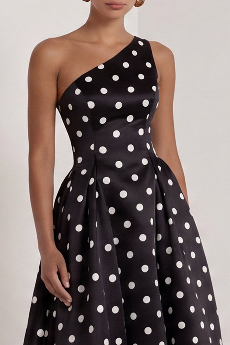 Load image into Gallery viewer, Black and White One Shoulder Polka Dots Long A Line Formal Dress