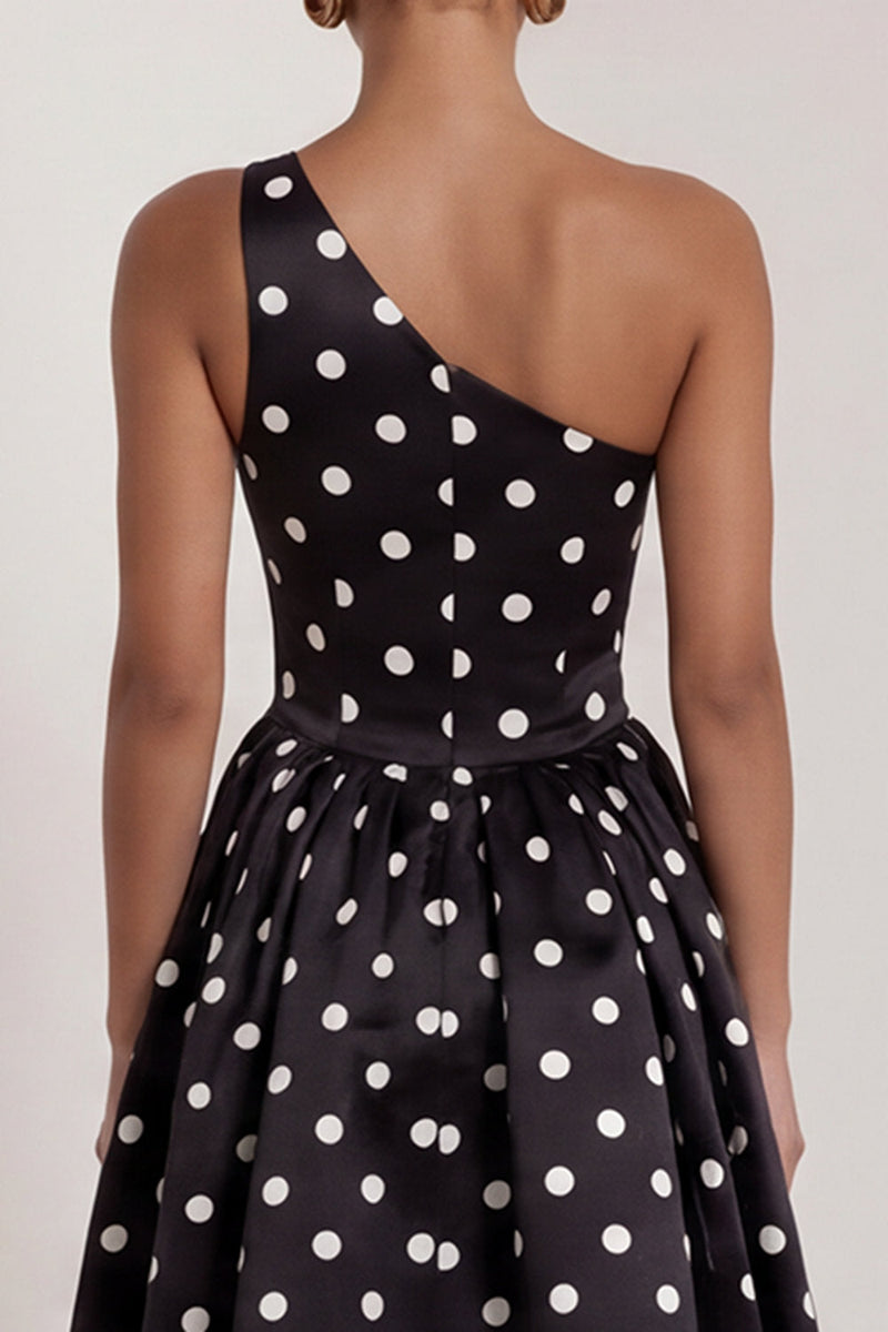 Load image into Gallery viewer, Black and White One Shoulder Polka Dots Long A Line Formal Dress
