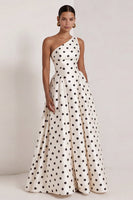 Load image into Gallery viewer, Black and White One Shoulder Polka Dots Long A Line Formal Dress