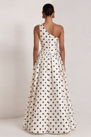 Load image into Gallery viewer, Black and White One Shoulder Polka Dots Long A Line Formal Dress