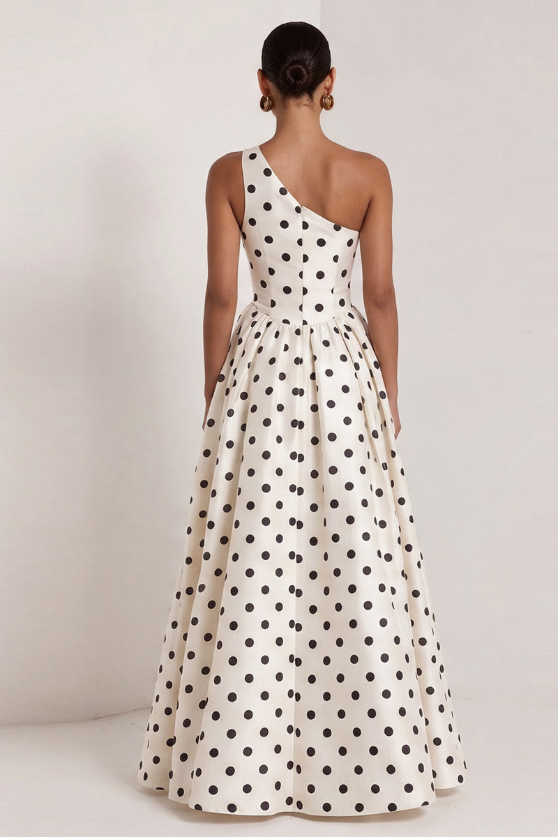 Load image into Gallery viewer, Black and White One Shoulder Polka Dots Long A Line Formal Dress