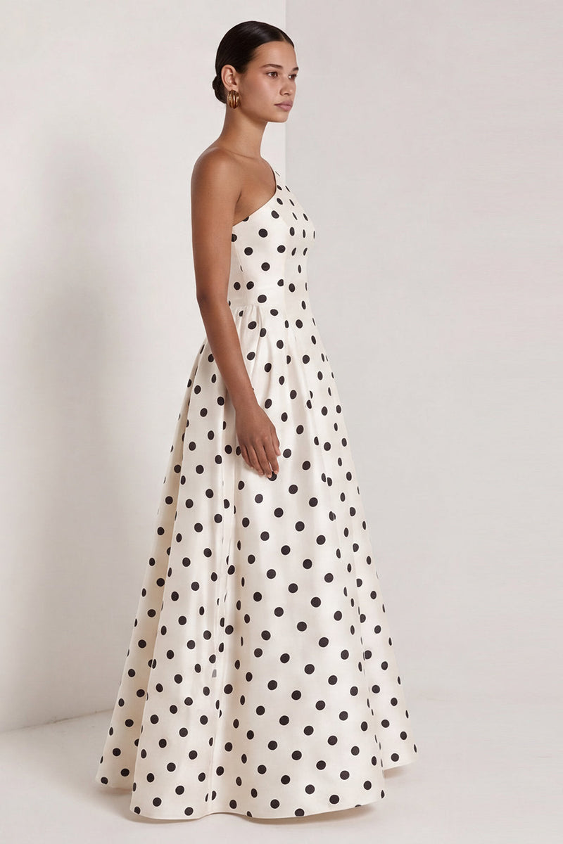 Load image into Gallery viewer, Black and White One Shoulder Polka Dots Long A Line Formal Dress