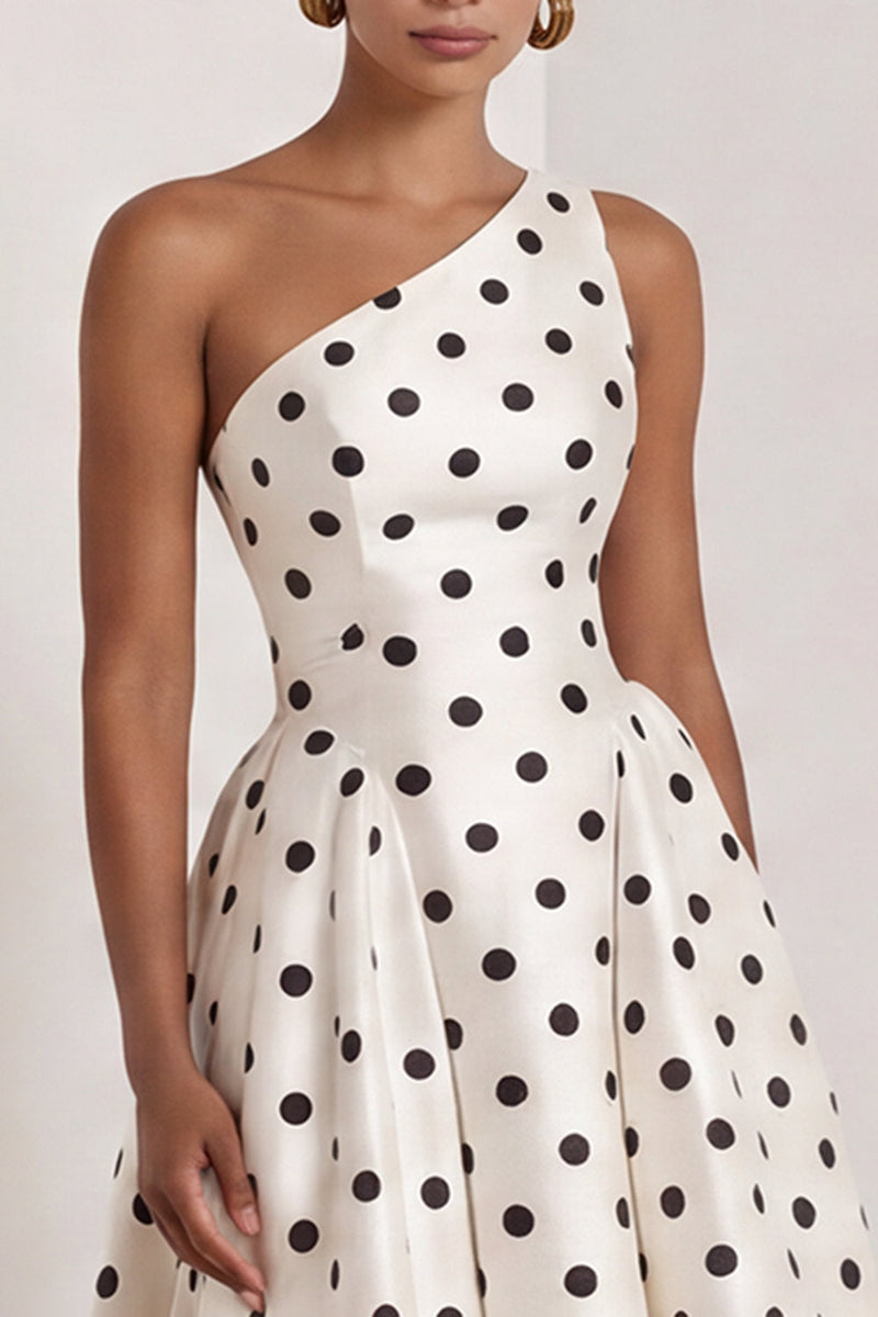 Load image into Gallery viewer, Black and White One Shoulder Polka Dots Long A Line Formal Dress