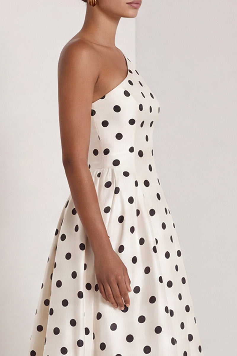 Load image into Gallery viewer, Black and White One Shoulder Polka Dots Long A Line Formal Dress