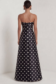 Strapless Black and White Polka Dots A Line Long Formal Dress with Slit