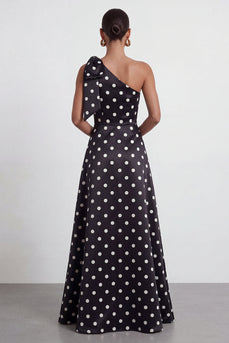 Black and White Polka Dots A Line Long Formal Dress with Bow