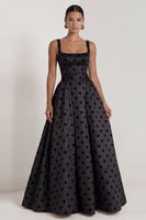 Load image into Gallery viewer, Black Polka Dots Long Square Neck A Line Formal Dress with Bow