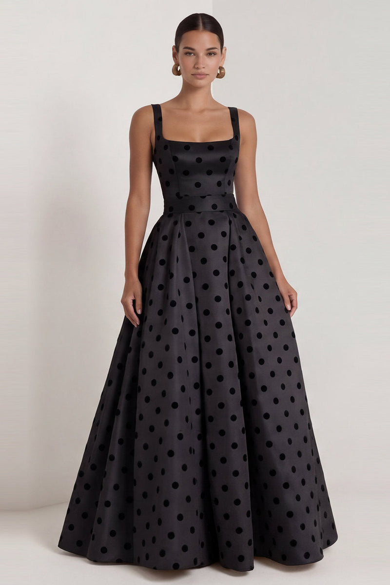 Load image into Gallery viewer, Black Polka Dots Long Square Neck A Line Formal Dress with Bow