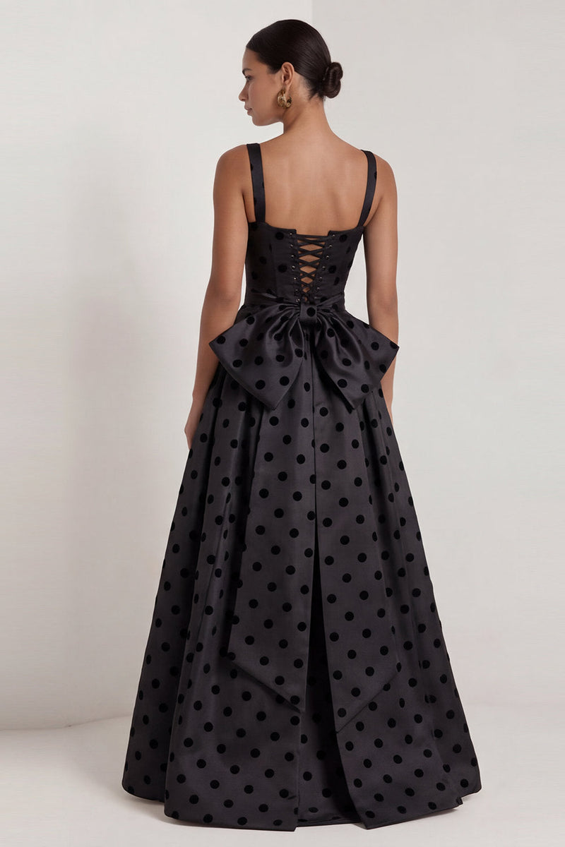 Load image into Gallery viewer, Black Polka Dots Long Square Neck A Line Formal Dress with Bow