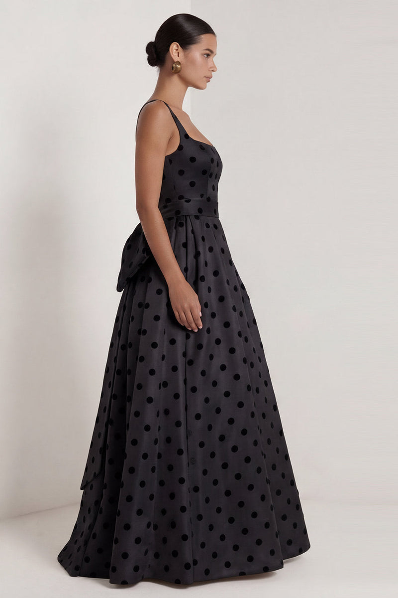 Load image into Gallery viewer, Black Polka Dots Long Square Neck A Line Formal Dress with Bow