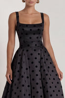 Load image into Gallery viewer, Black Polka Dots Long Square Neck A Line Formal Dress with Bow