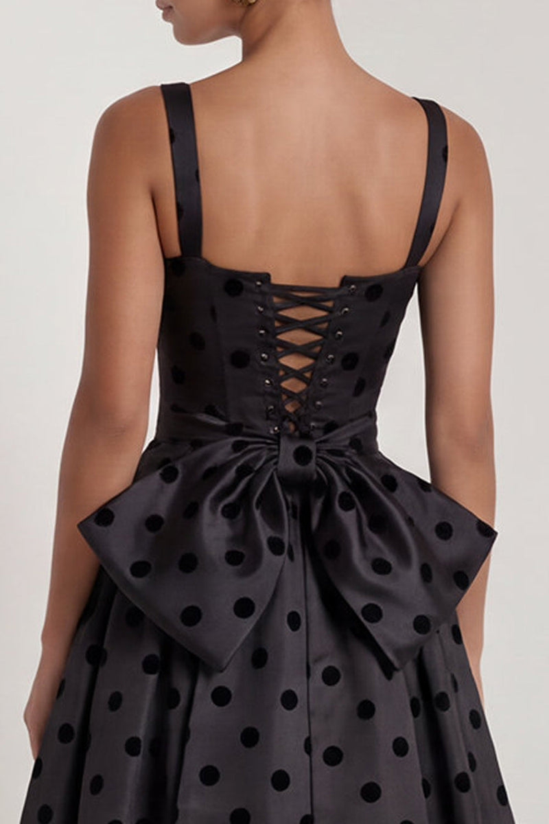 Load image into Gallery viewer, Black Polka Dots Long Square Neck A Line Formal Dress with Bow